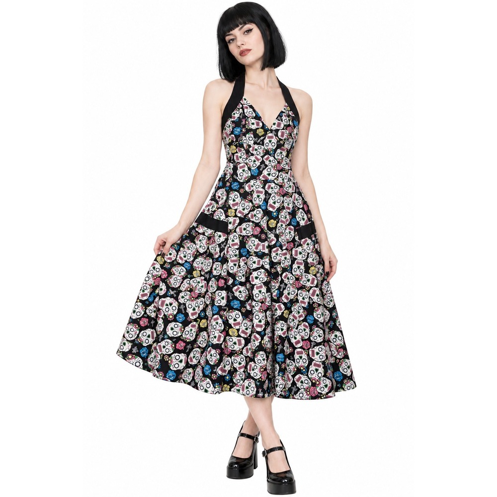 Hell Bunny Sugar Skull Halter Dress Large NWT Rockabilly Day of the Dead